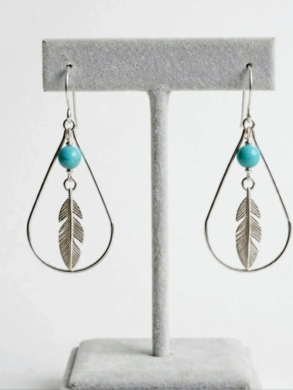 2/$10.    Silver Teardrop Feather Earrings with Turquoise Bead - Women Jewelry